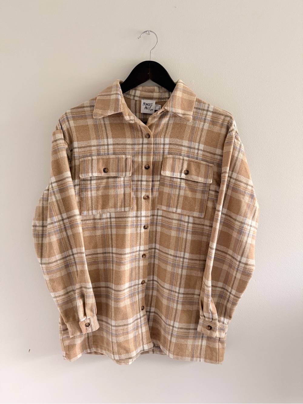 Princess Polly Plaid Button-Down Shacket Brown & White Medium